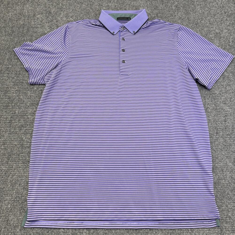 Greyson Polo Shirt Mens 2XL Purple Stripe Golf Performance Stretch Wolf Logo